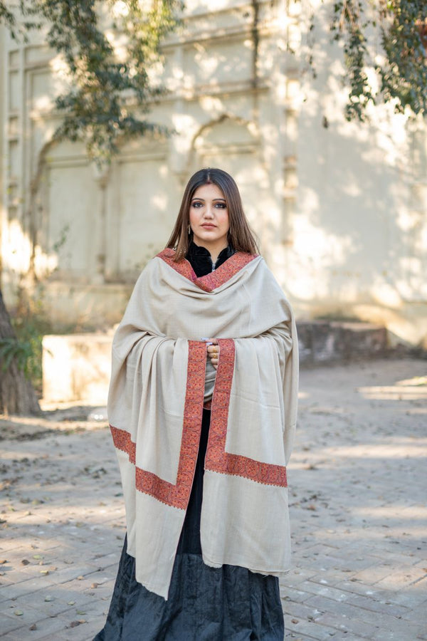 Border Embroidery Shawl Beige