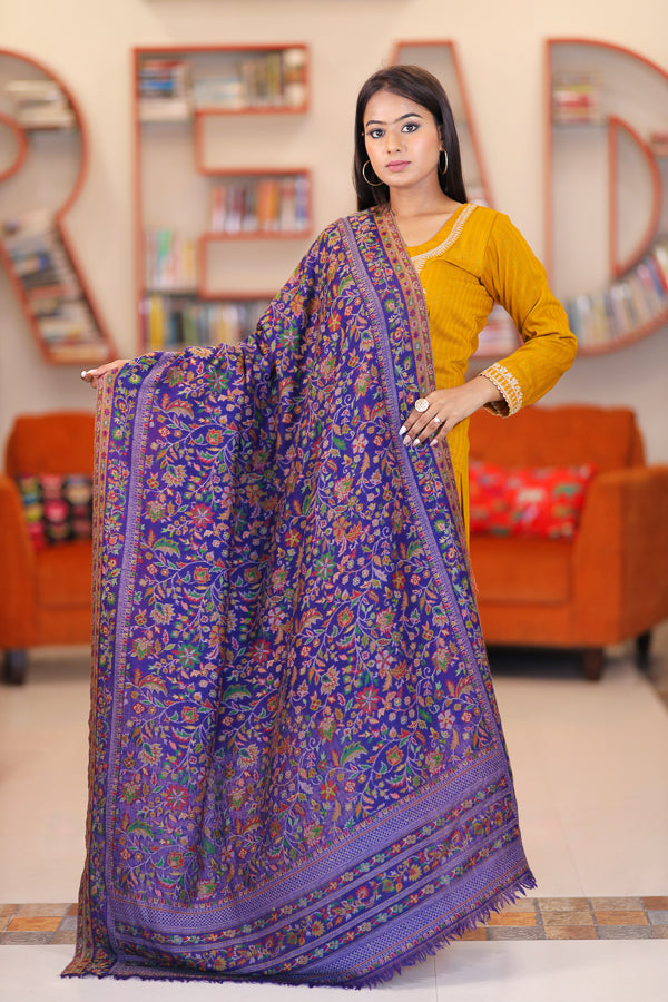 Blue Multi-Coloured Kani Border Palla Shawl